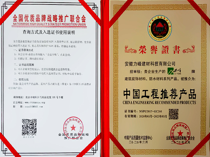 中国工程推荐产品荣誉证书